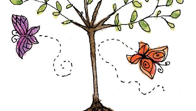 A tree with butterflies flitting around it that symbolize how to make friends