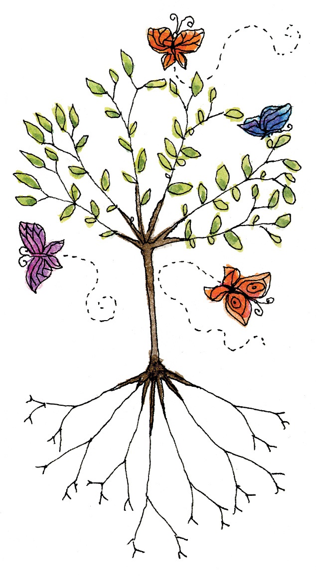 A tree with butterflies flitting around it that symbolize how to make friends