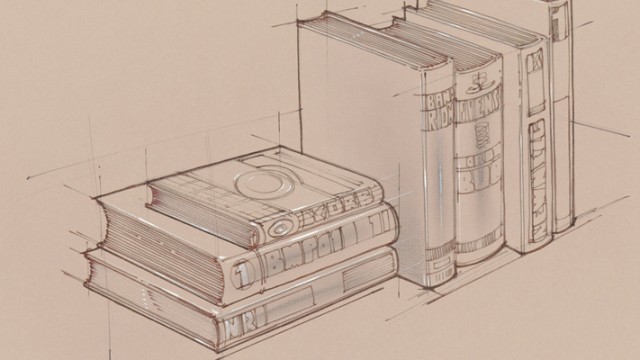 Sketch of books, representing memories and beginnings