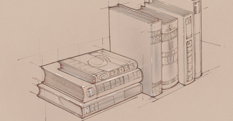 Sketch of books, representing memories and beginnings