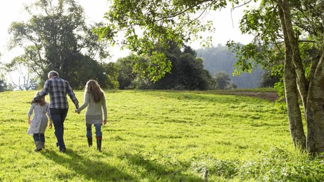 Family walking up a grassy hill together having a talk about adoption