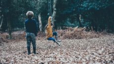 Two siblings play together in the yard after being adopted.