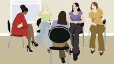Illustration of a group of women at an adoptive parents support group meeting