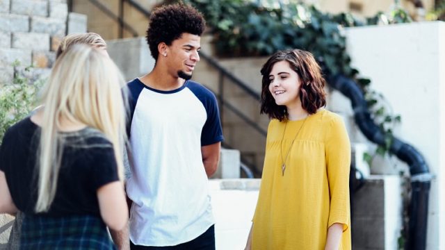 Several teens of different racial heritages talk.