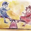 Two children awaiting adoption sit on a seesaw