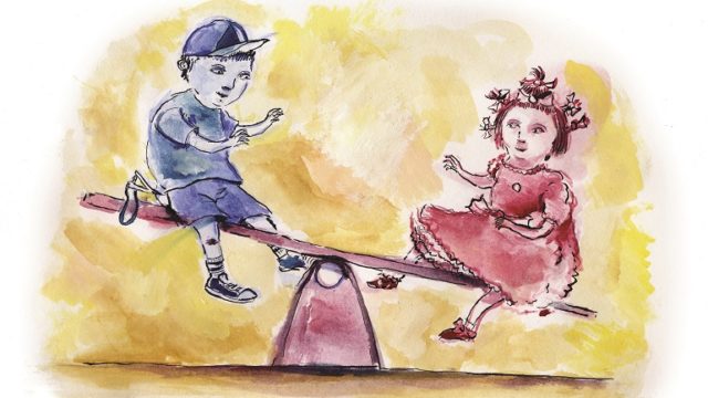 Two children awaiting adoption sit on a seesaw