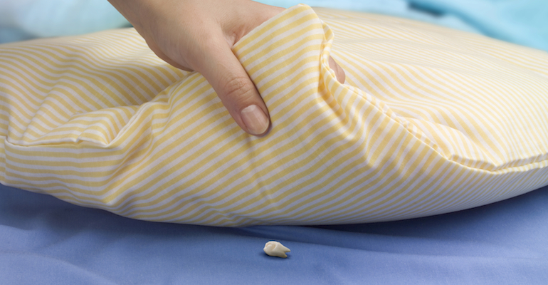 A mother lifting the pillow, showing a tooth waiting for the tooth fairy