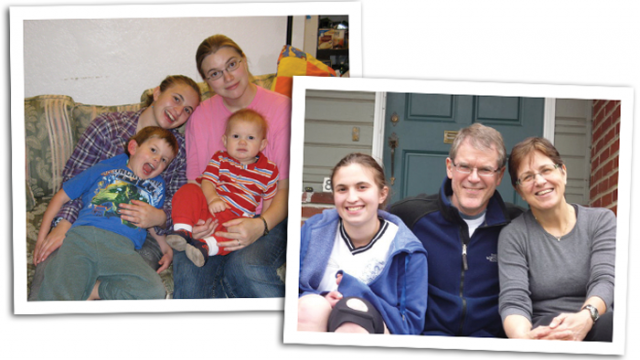 Adoptee as a teen with her birth mother and siblings (left) and her adoptive parents (right).