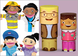 diverse dolls and toys - Lakeshore Learning puppets and My Family Builders blocks
