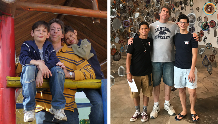 author Gary Matloff with his sons, after adoption and now, as teens