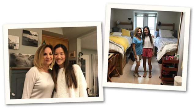 adoptive mother Kris Rose with her daughter at home and in her college dorm room